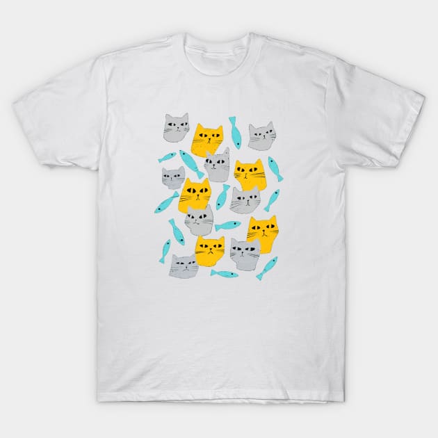 Strange grey and yellow cats with black eyes and blue fish T-Shirt by iulistration